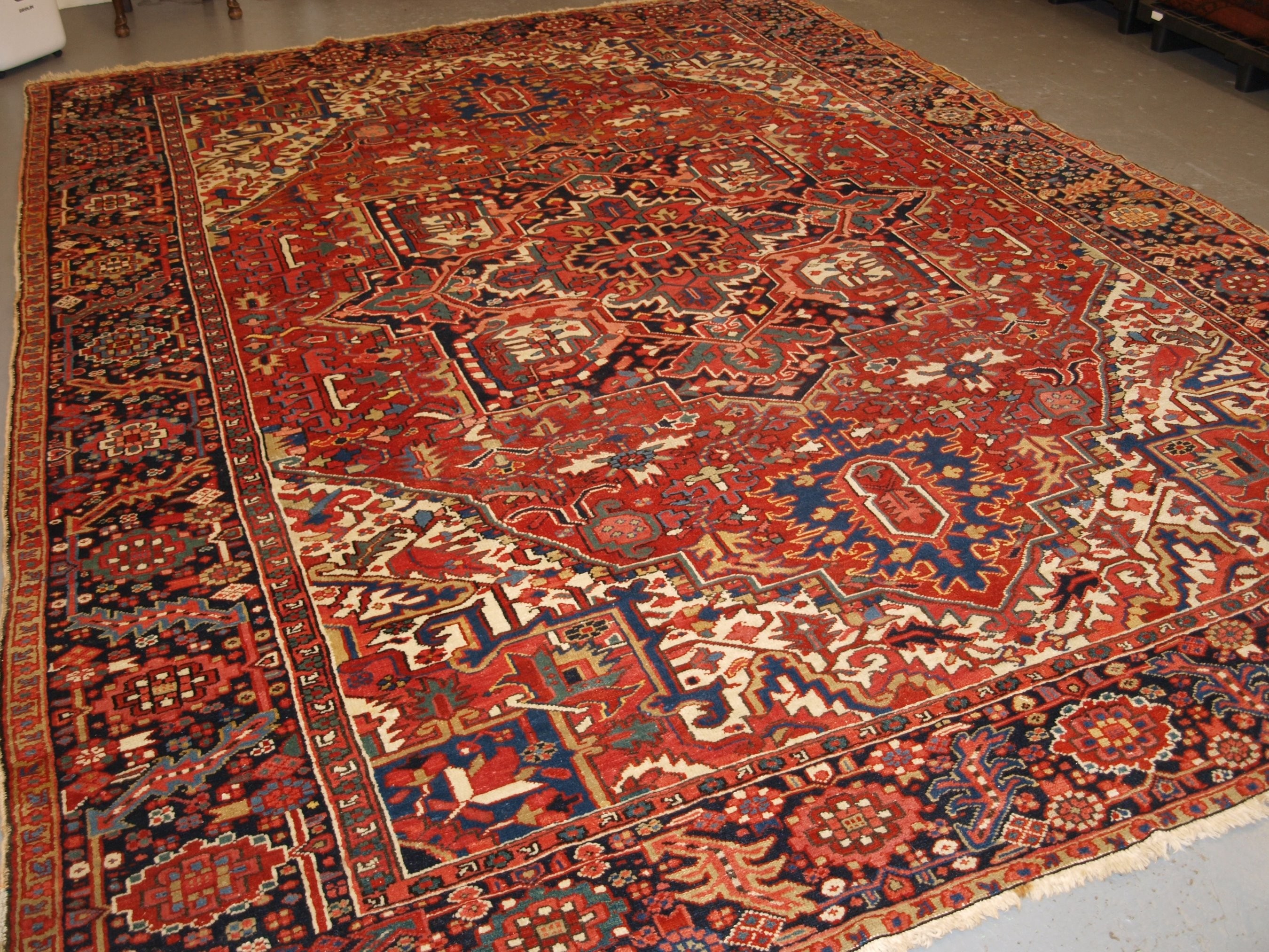 just arrived antique persian heriz carpet with superb colours square size ideal furnishing carpet circa 1900
