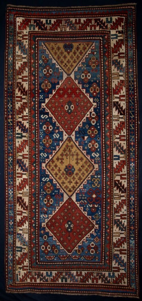 antique caucasian kazak long rug great colour 19th century