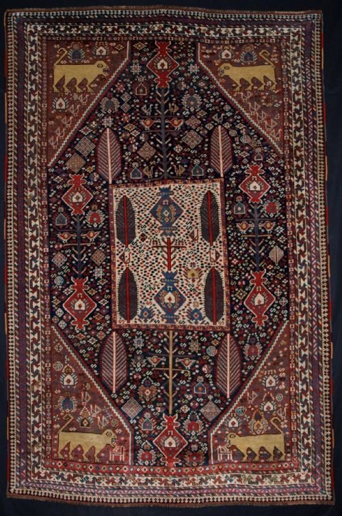 antique south west persian luri or khamseh garden rug lions animals superb tribal 4th q 19c