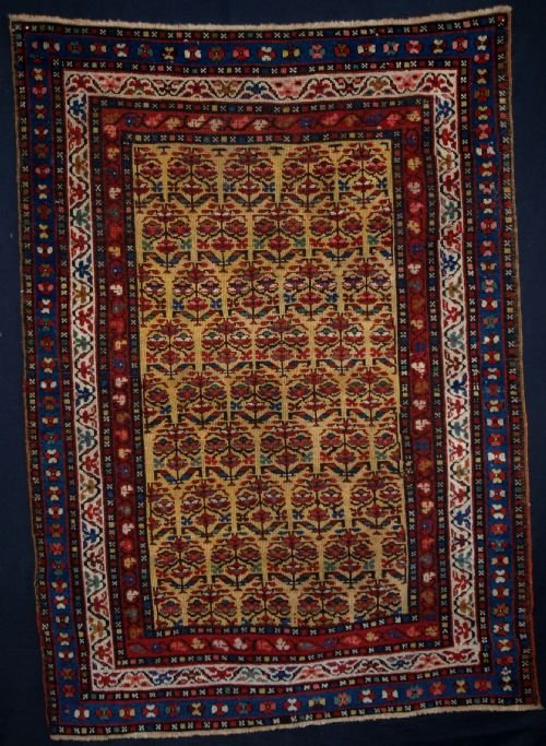 antique yellow ground kurdish rug with shrub design beautiful colours circa 1900