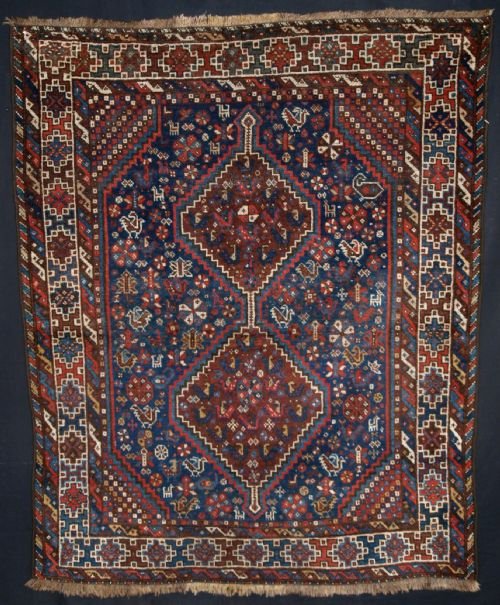 antique south west persian khamseh rug tribal design small square size circa 1900