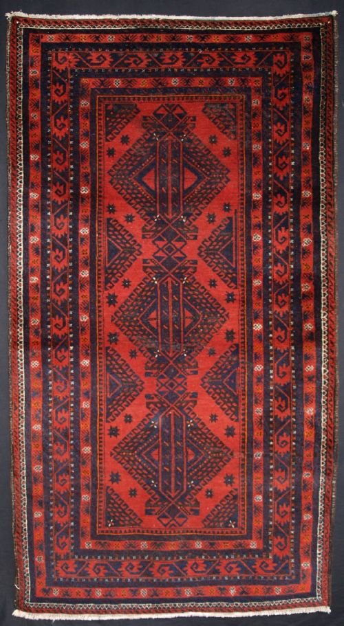 antique baluch rug interesting design good colour curl leaf border circa 1900