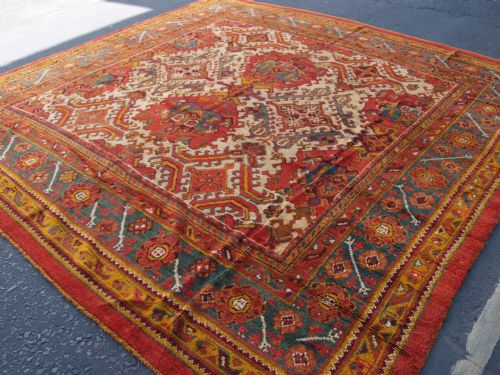 antique turkish oushak carpet great design colour square size circa 1900