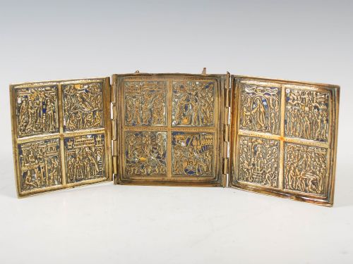 russian brass and enamel travelling triptych icon 19th century