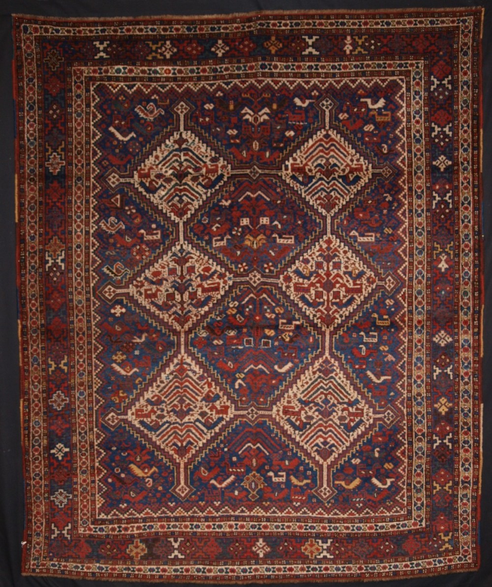antique khamseh tribal rug superb design with birds circa 1900