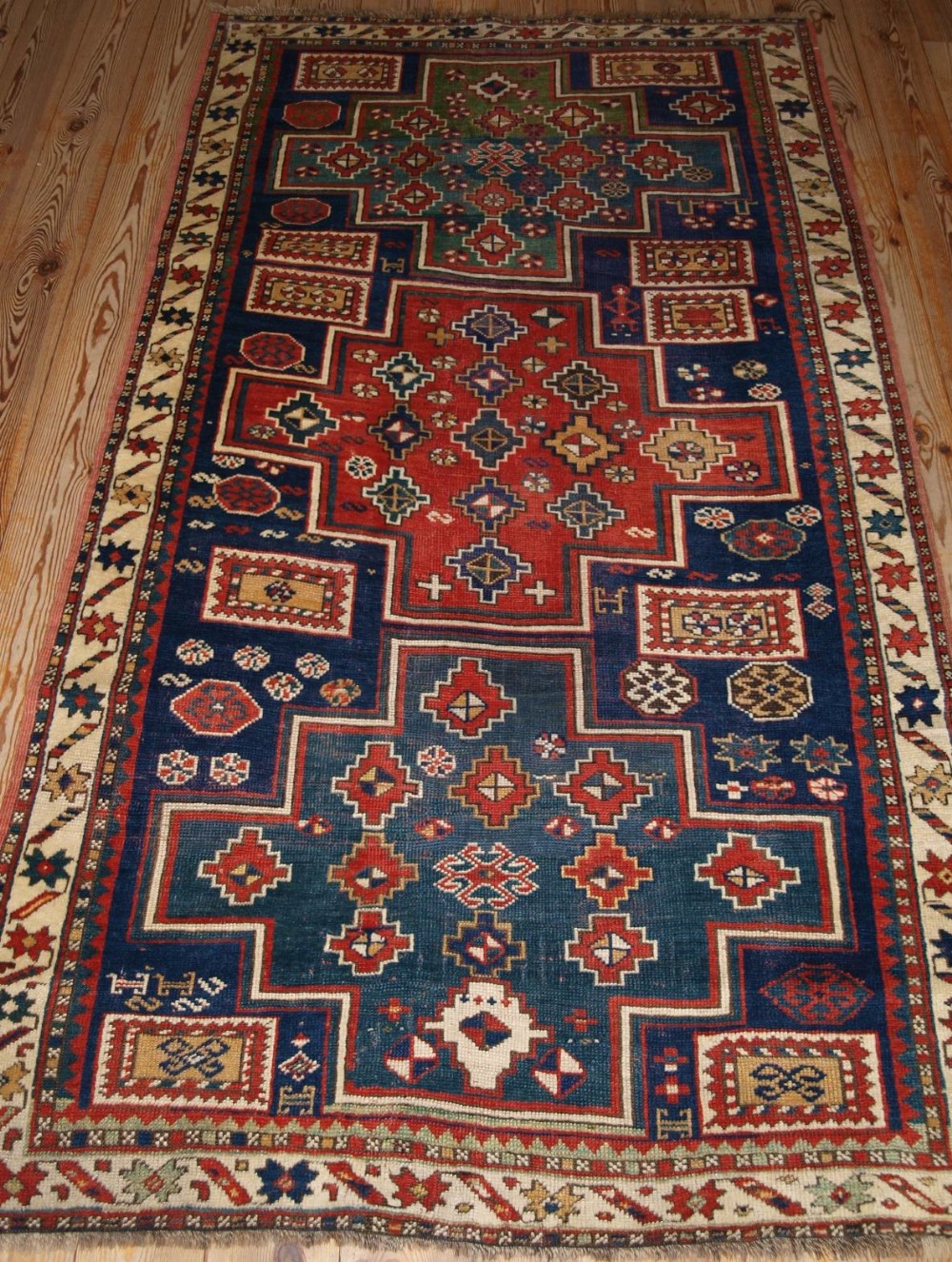antique caucasian 3 medallion kazak rug superb colour 2nd half 19th cent