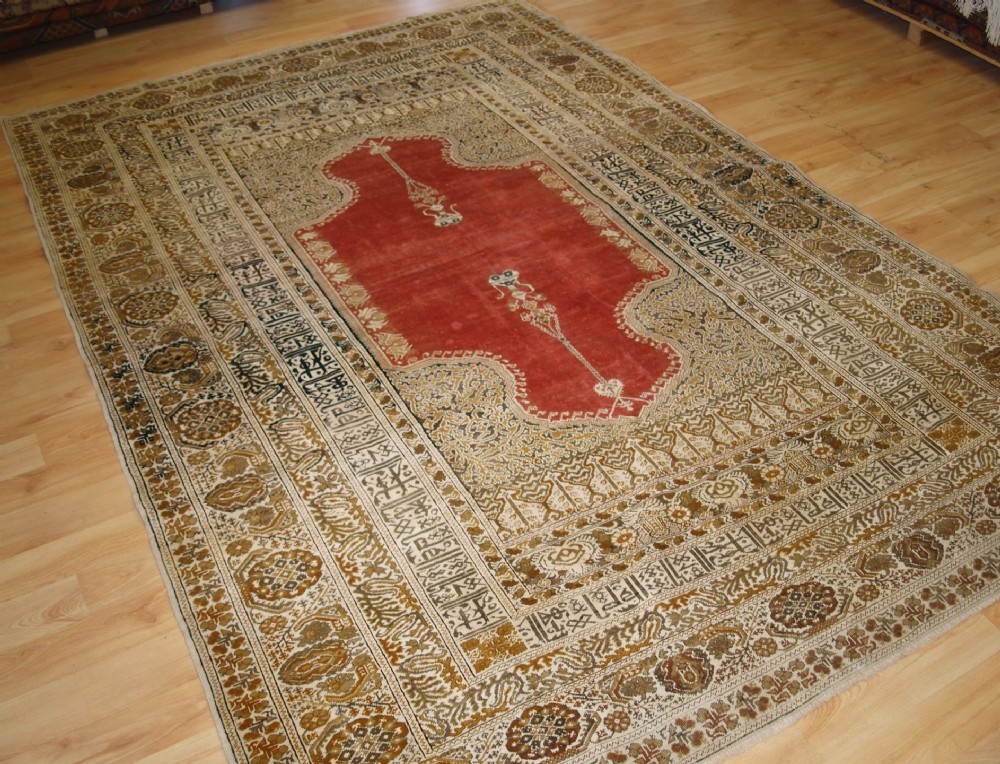 antique turkish bandirma rug with rare double niche design circa 1900