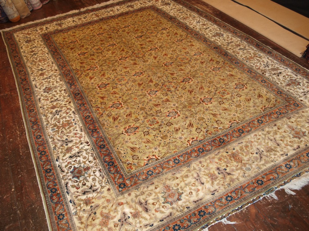 superb old turkish kayseri silk carpet rare pistachio green field hereke style about 50 years old