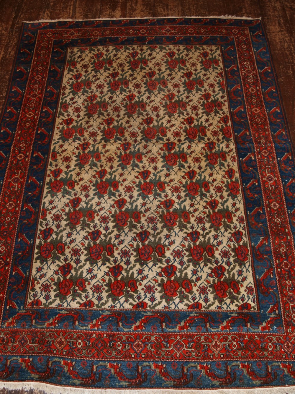 antique malayer rug with floral rose design ivory ground circa 1900
