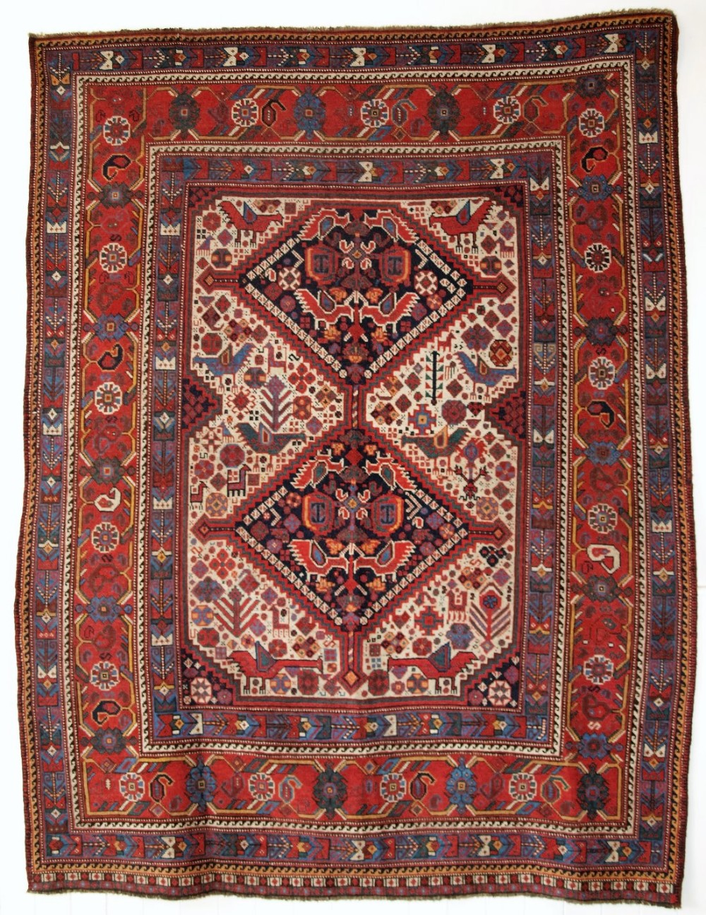 antique south west persian khamseh tribal 'bird' rug circa 1880