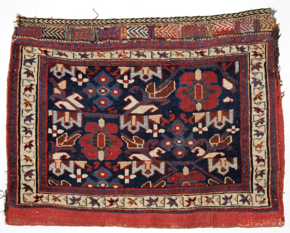 antique afshar tribal saddle bag with plain weave back circa 1900