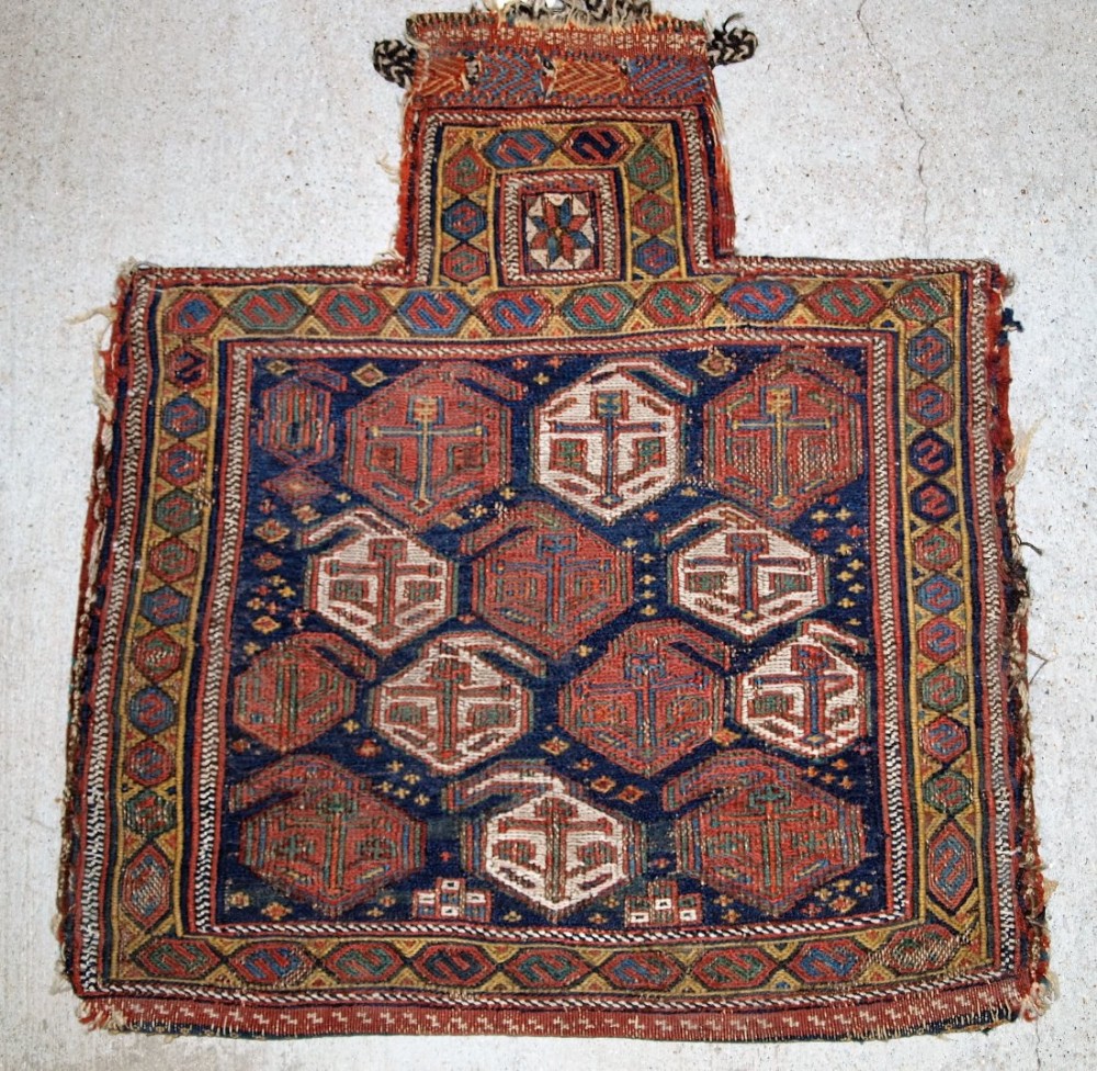 antique south persian afshar tribe salt bag in soumak work stars and boteh circa 1880