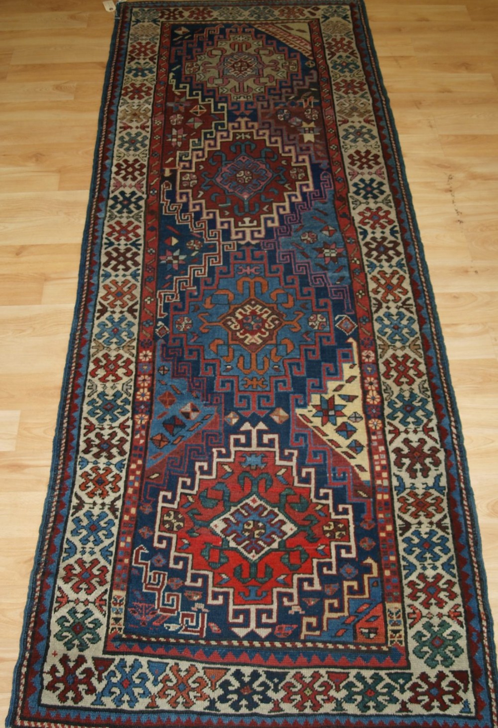 antique caucasian kazak runner of small size superb colours circa 1880