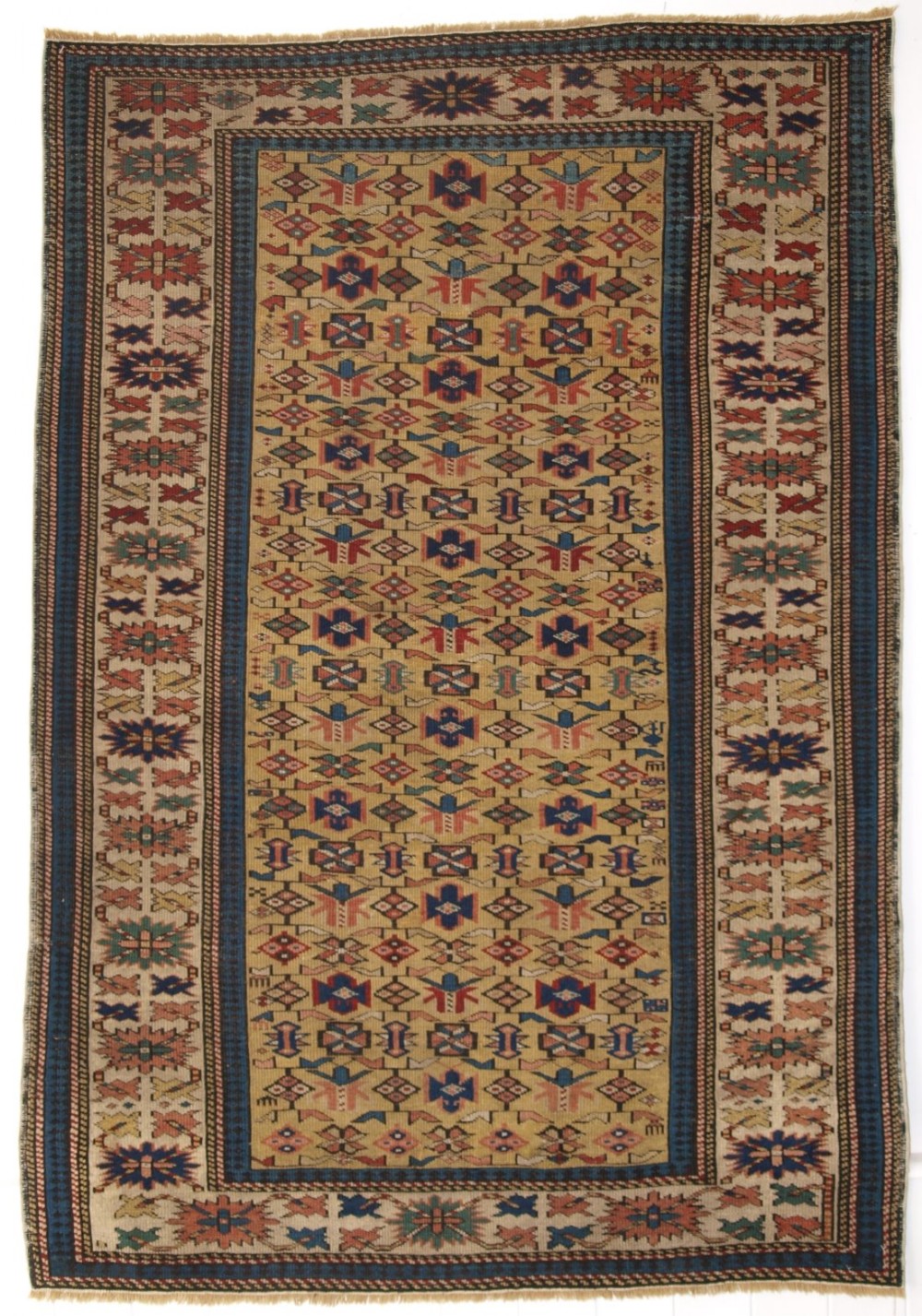 antique caucasian kuba rug with yellow ground very fine weave circa 1880