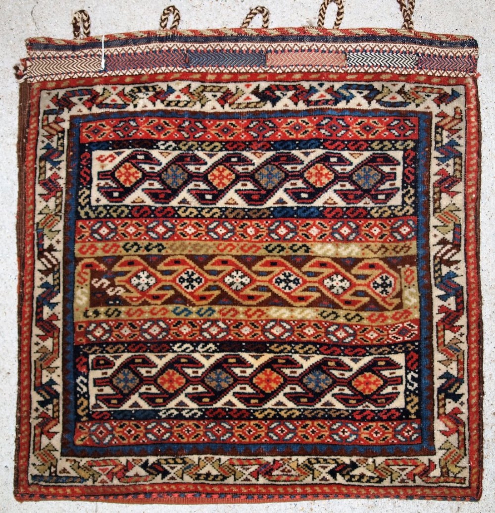 antique persian tribal qashqai bag face stunning banded design great colours plain weave back circa 1900