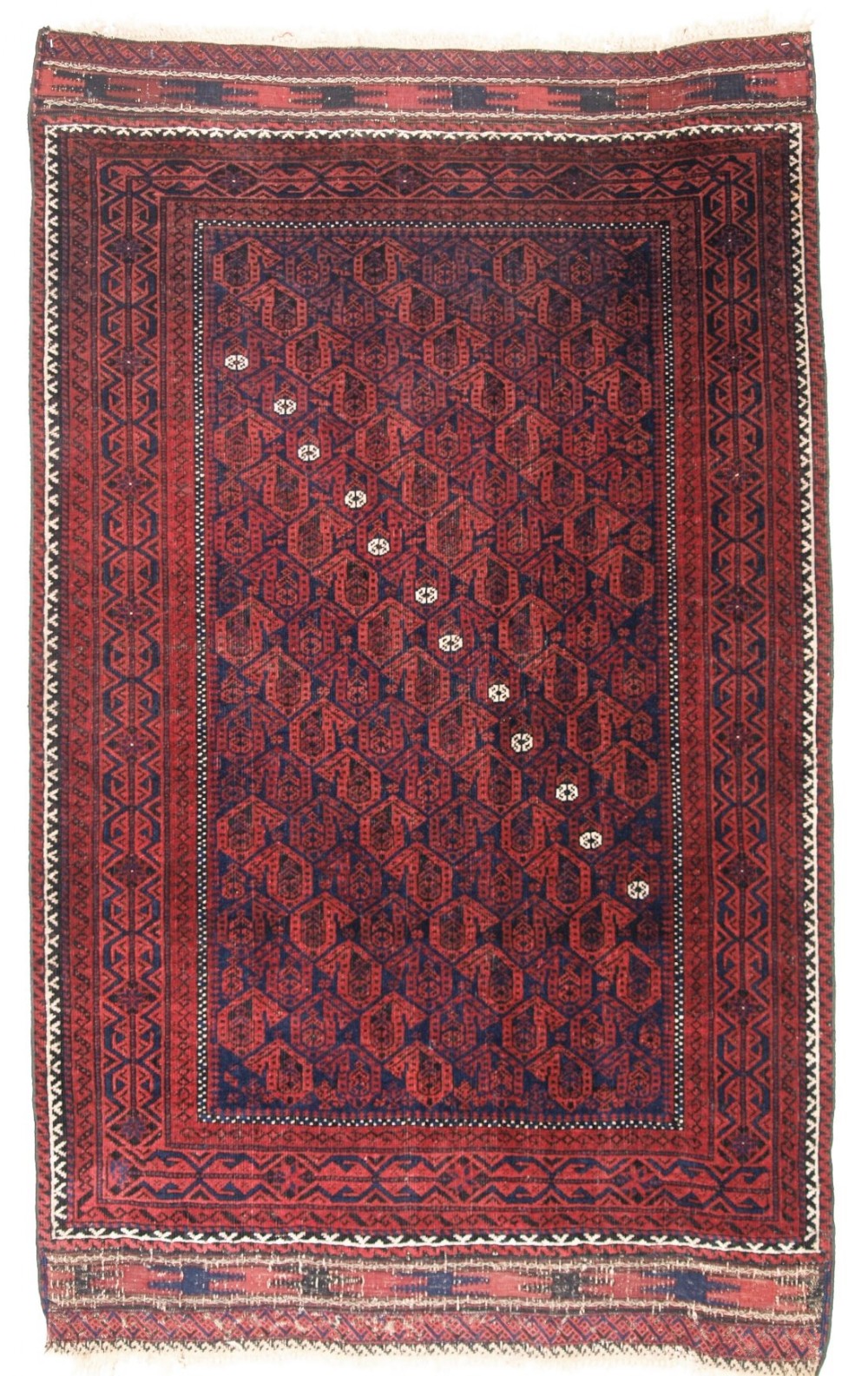 antique baluch rug with boteh design diagonal row of white flowers superb condition circa 1880