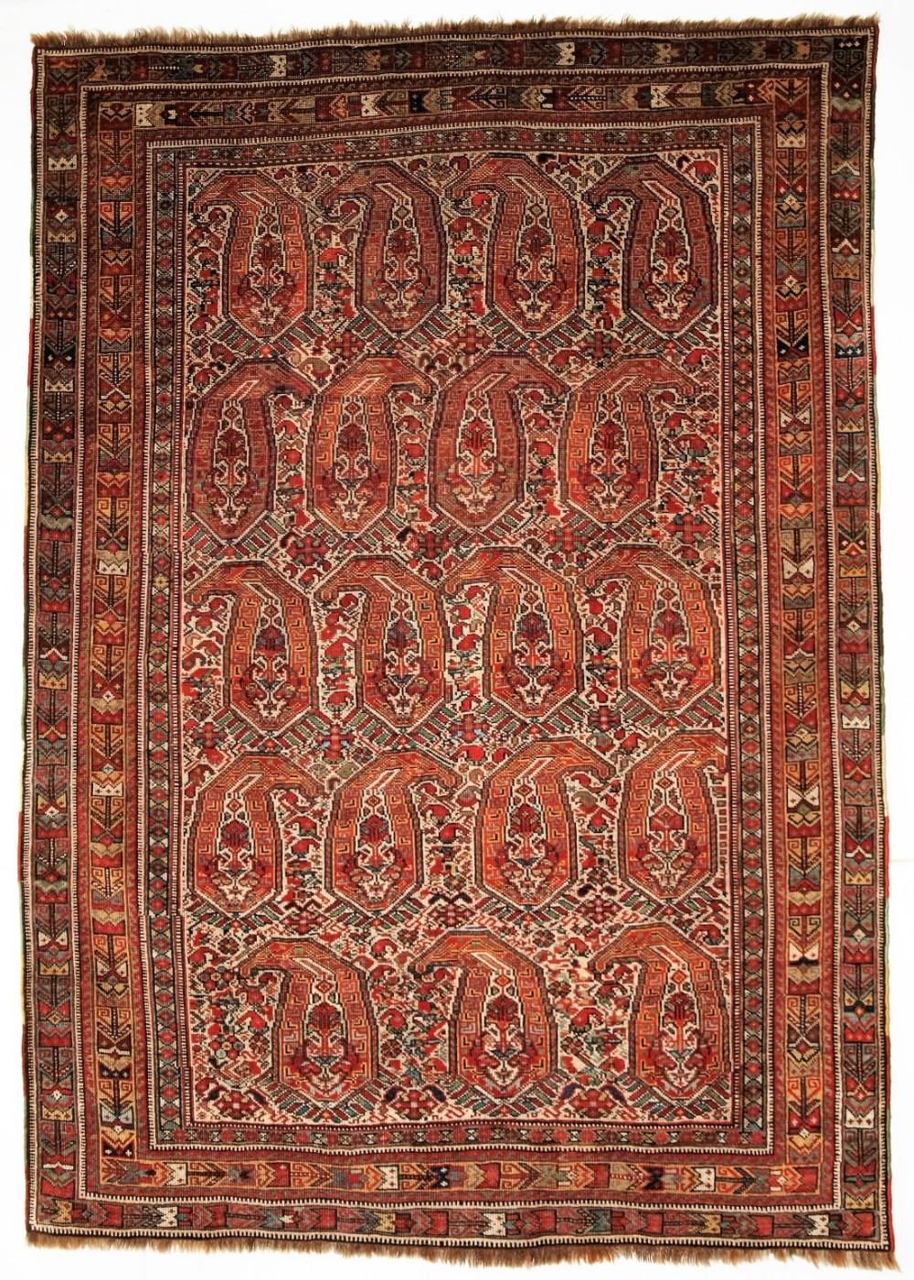 antique nomadic tribal khamseh rug with boteh design circa 1880