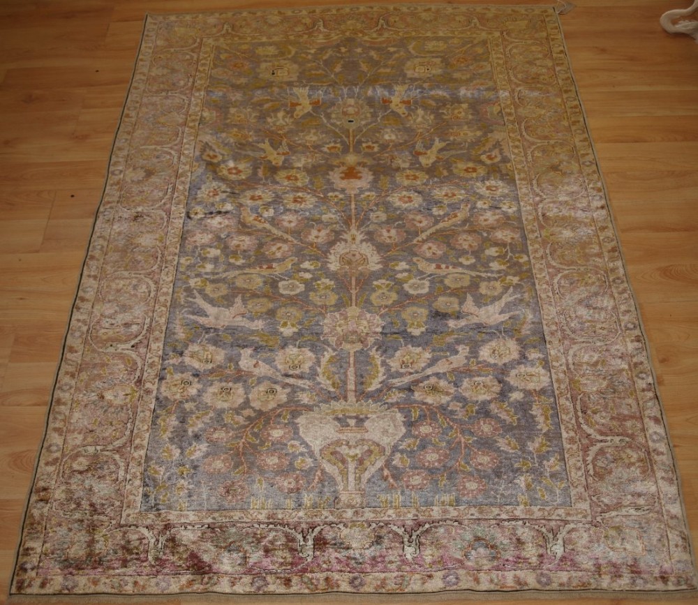 antique turkish kayseri silk rug floral design with birds late 19th century