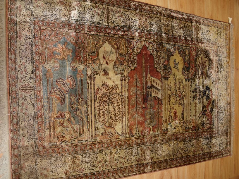 old turkish kayseri 'art silk' rug prayer saf design birds animals circa 1920