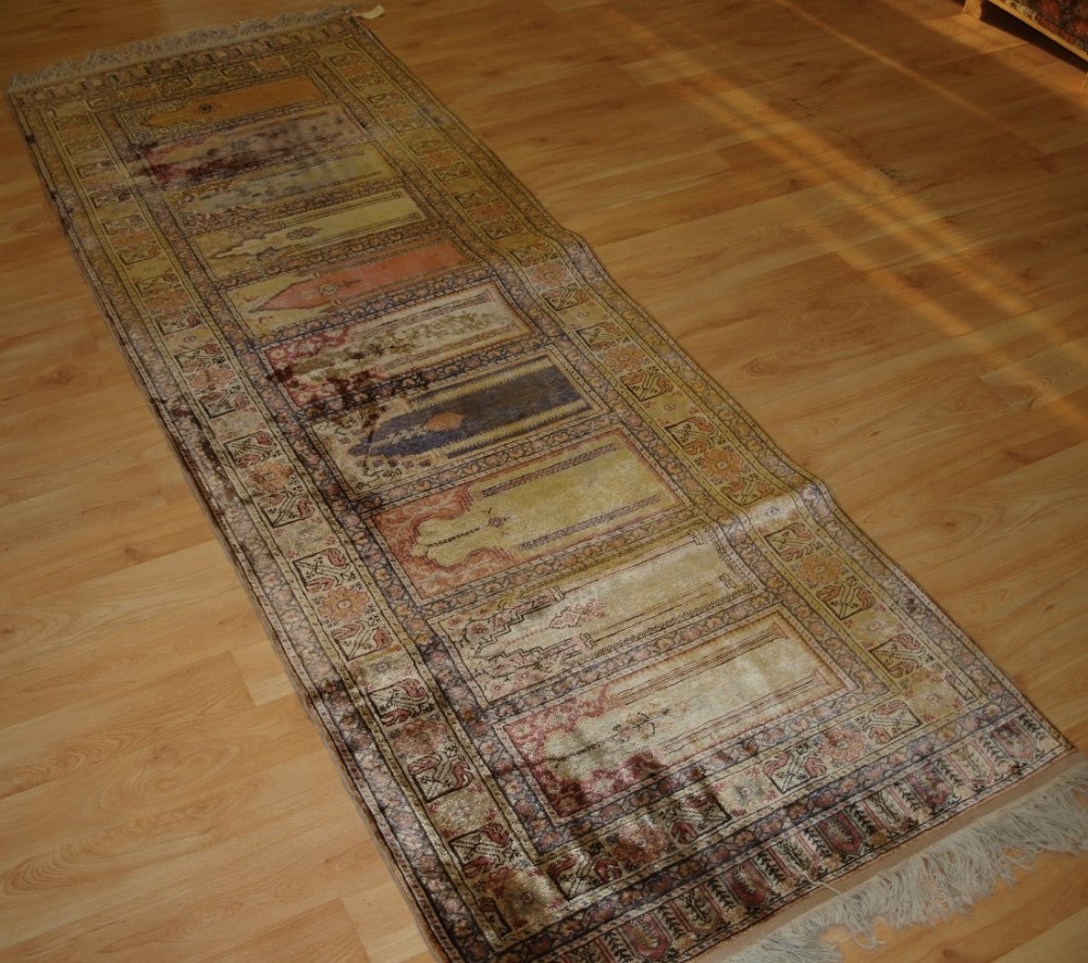 old turkish kayseri 'art silk' rug prayer saf design runner circa 1920