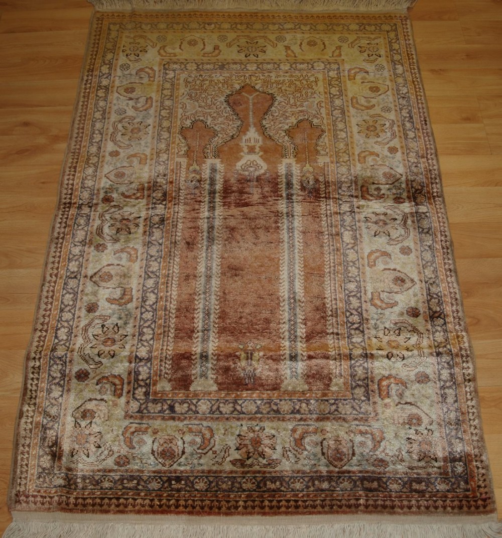 old turkish kayseri 'art silk' prayer rug traditional prayer design circa 192030