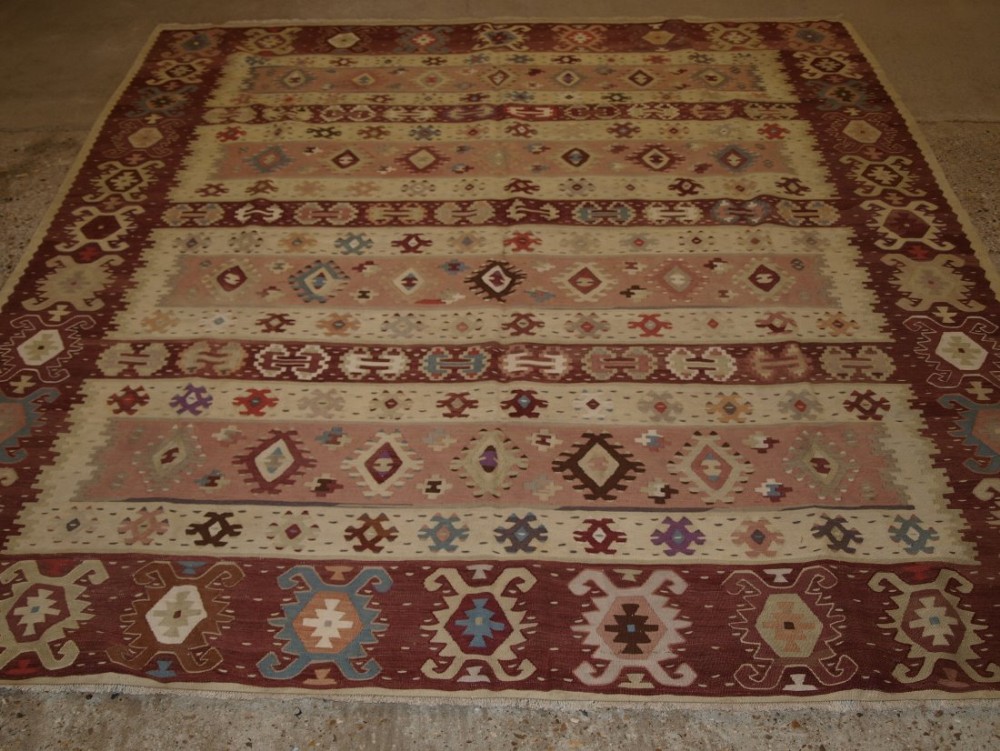 old turkish sarkoy kilim rug soft colours banded design square shape circa 1920