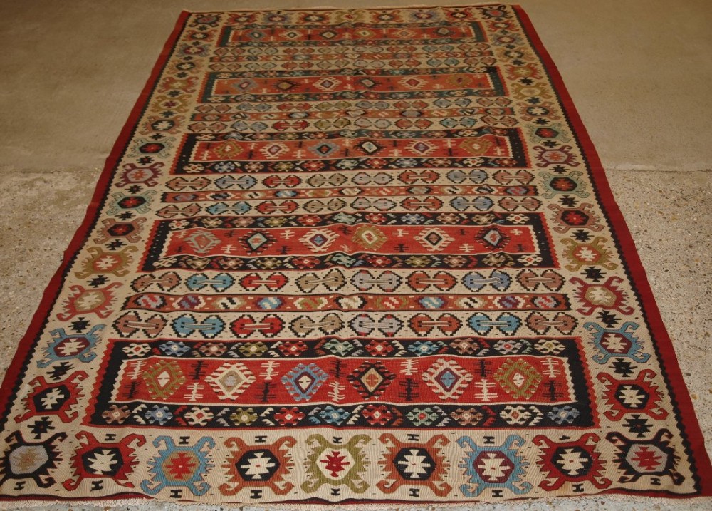 old turkish sarkoy kilim rug ivory border banded design superb colours circa 1920