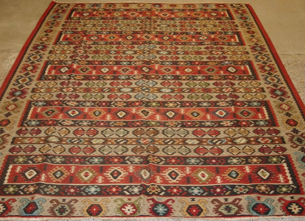 old turkish sarkoy kilim rug traditional banded design soft colours circa 1920