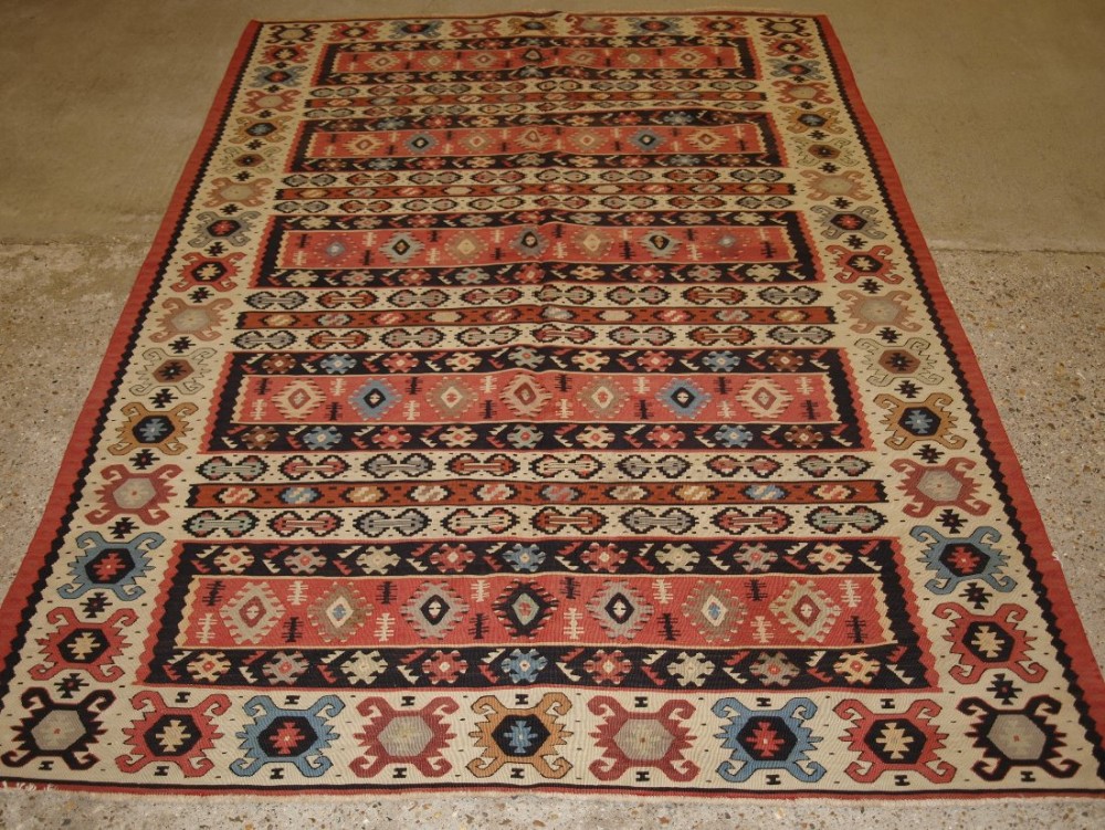 old turkish sarkoy kilim rug traditional banded design very soft pink colours circa 1920