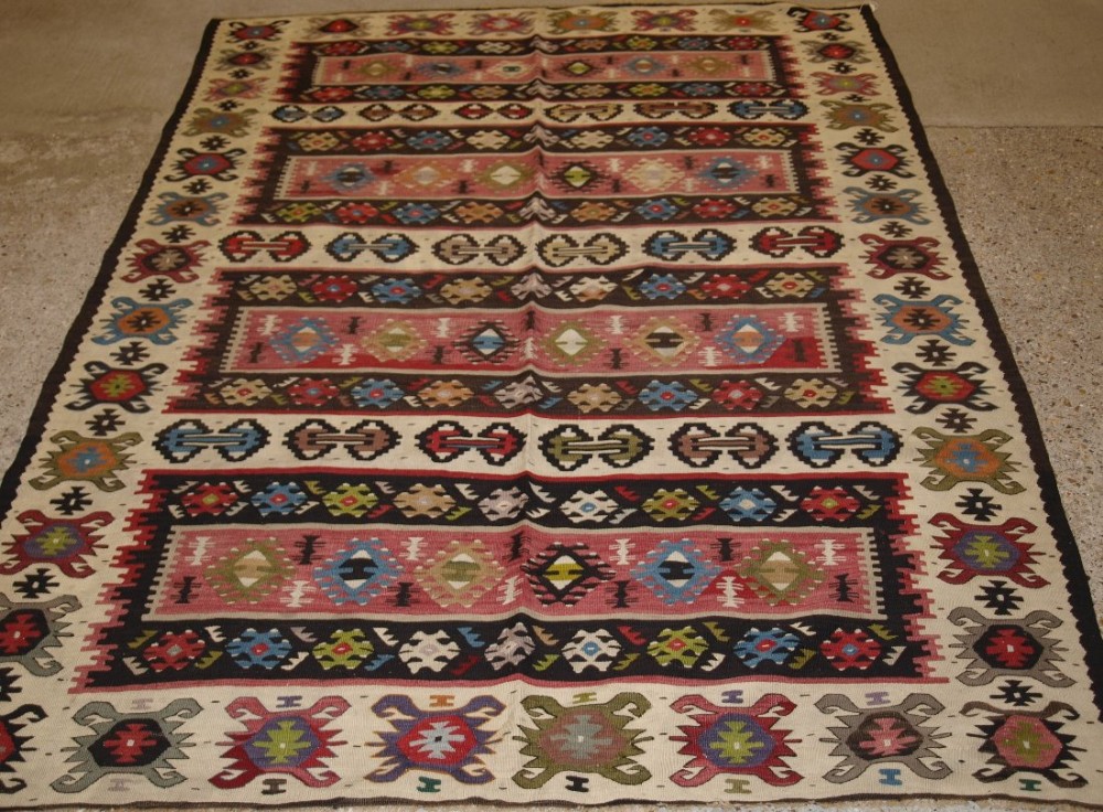 old turkish sarkoy kilim rug traditional banded design pleasing soft colours circa 1920