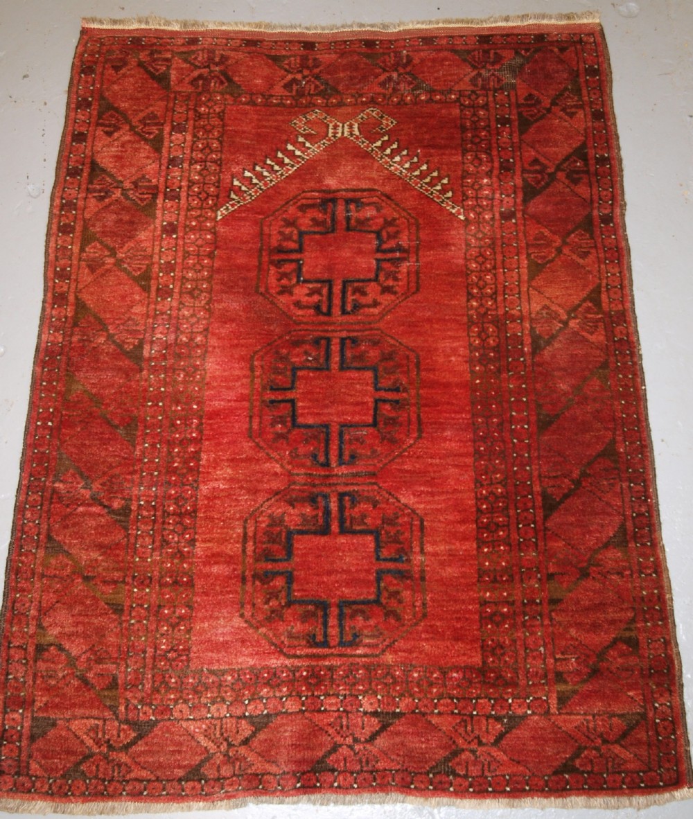 old afghan village prayer rug with turkmen design rams horn mihrab circa 1920