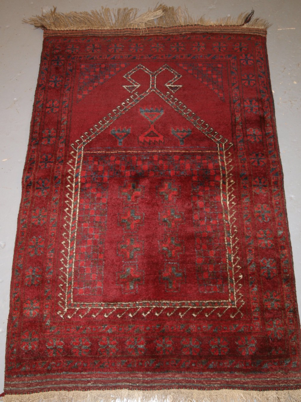 afghan village prayer rug with rams horn mihrab circa 1920