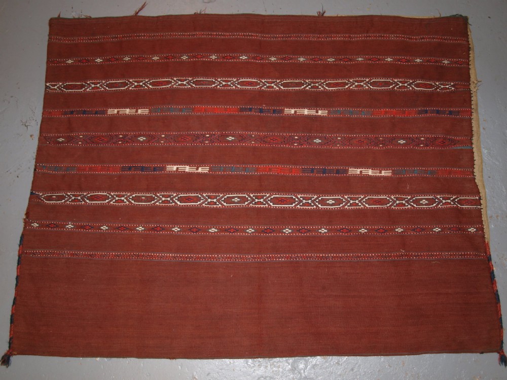 antique tekke turkmen banded flat woven chuval complete with back circa 1900
