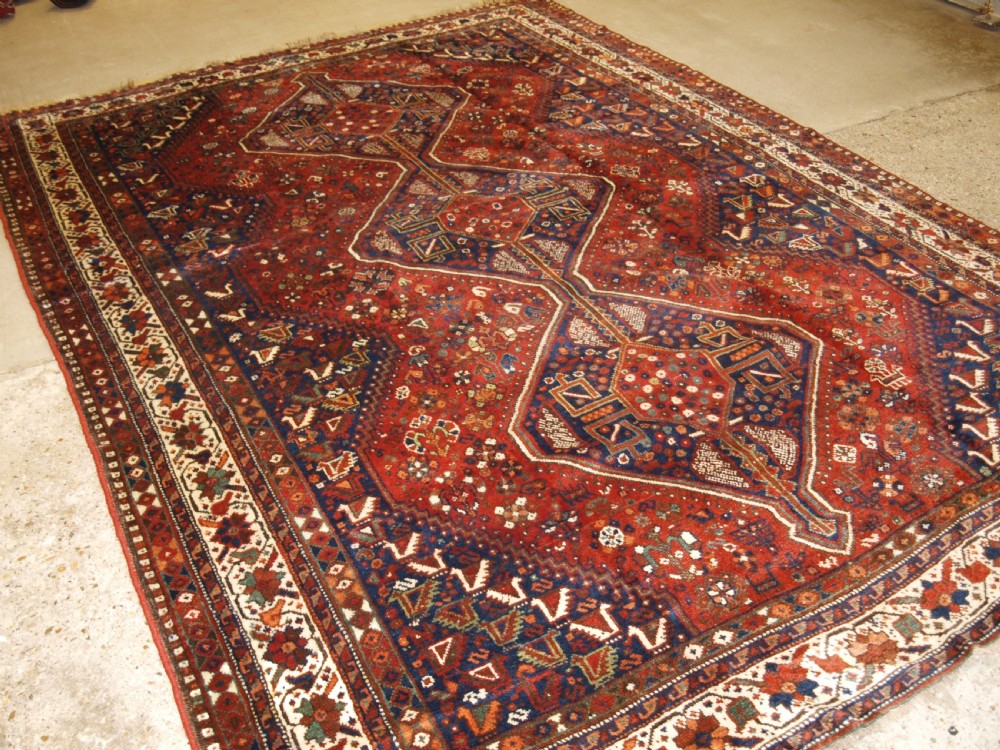 old south west persian shiraz region triple medallion carpet with tribal design great condition circa 1920