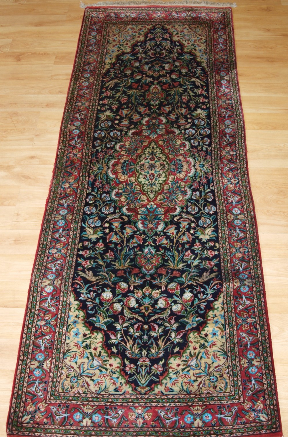 old persian qum silk runner of small size floral design circa 1950
