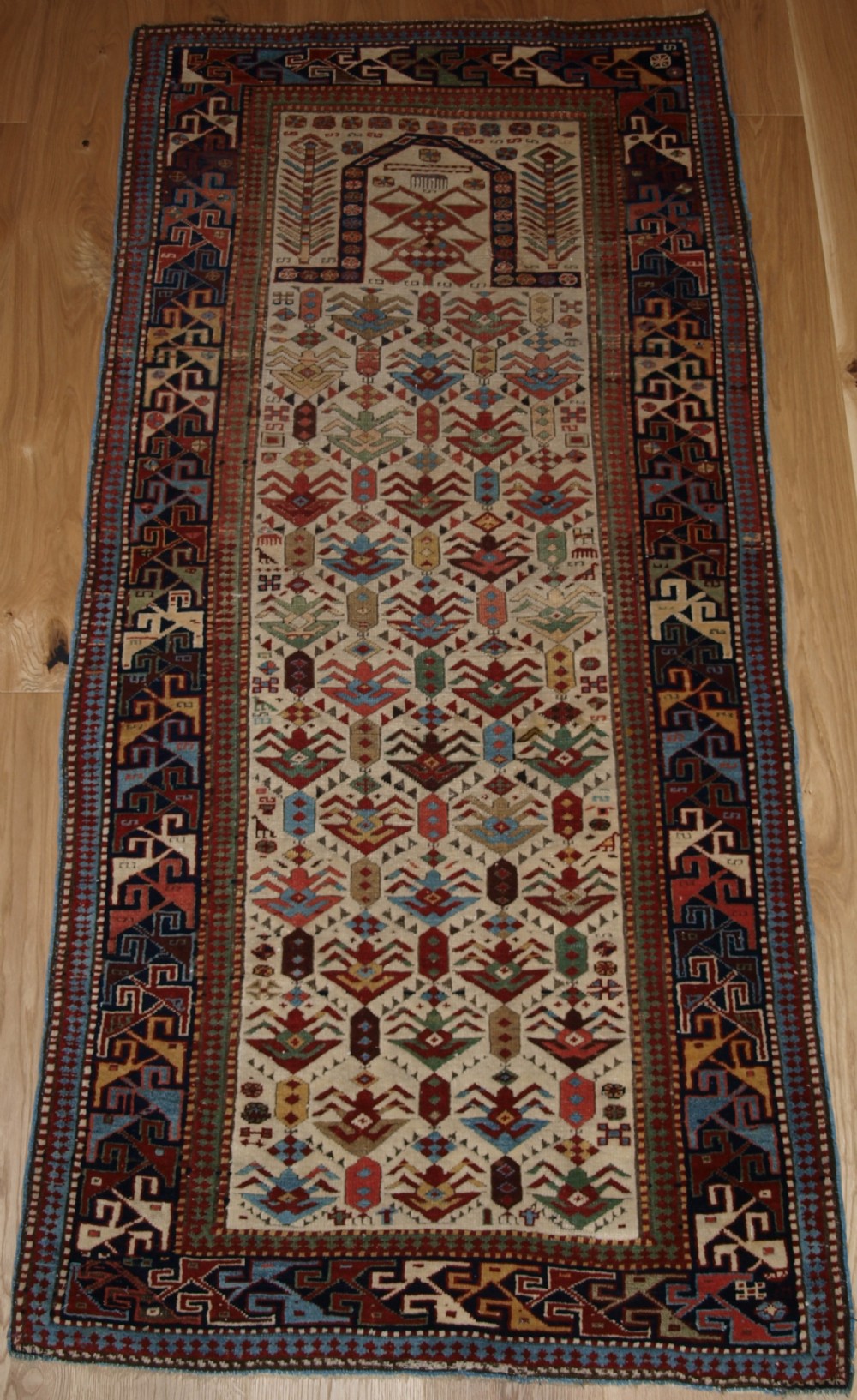 antique caucasian akstafa prayer rug ivory ground with superb colour 2nd half 19th century