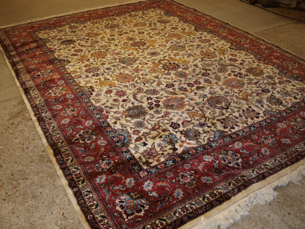 old persian tabriz carpet with classic hunting design excellent condition circa 1920
