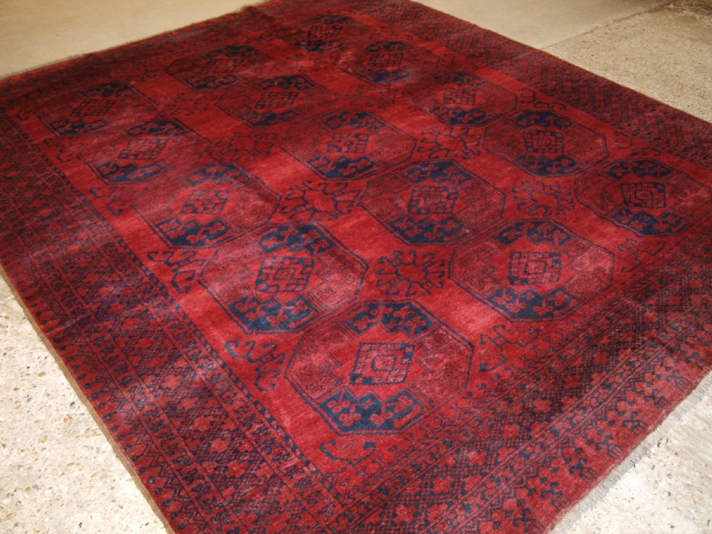 old afghan village carpet deep red almost square size circa 1920