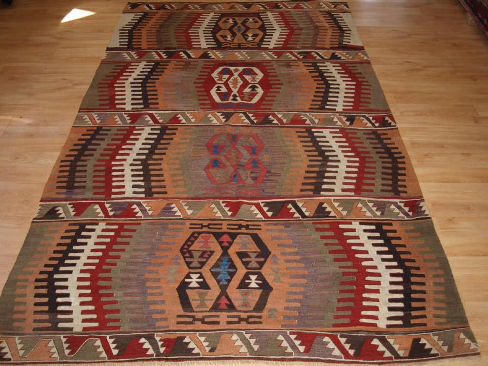 antique turkish konya kilim with striking design soft colours circa 1900