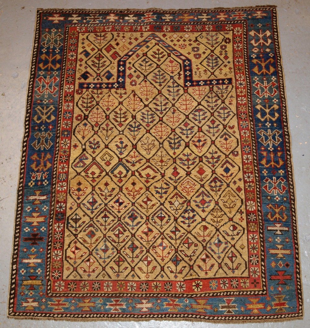 antique caucasian dagestan prayer rug yellow ground lattice design 2nd half 19th century