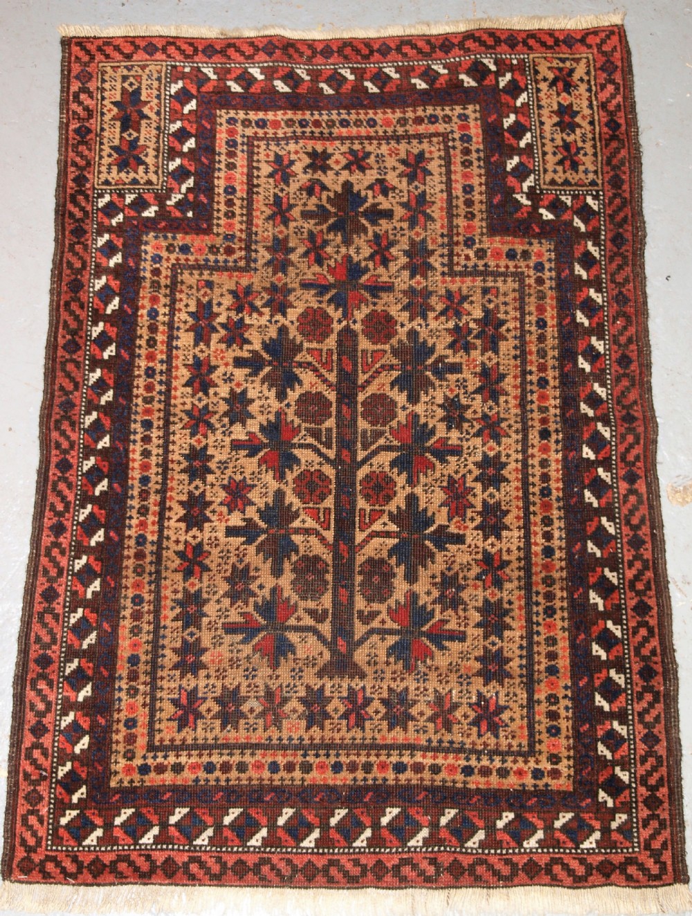 antique afghan baluch prayer rug with tree of life and stars late 19th century