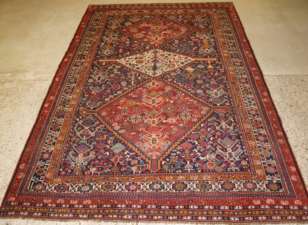 antique tribal qashqai rug beautiful drawing with lots of animals late 19th century