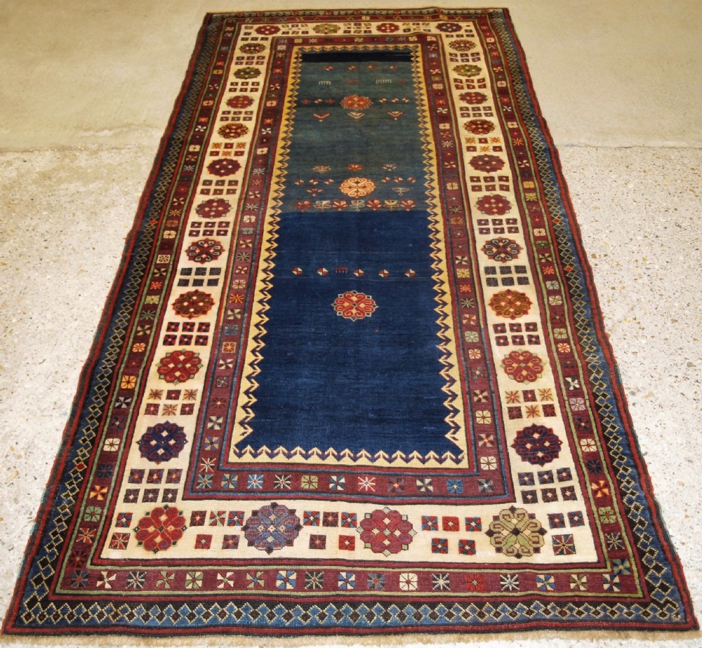 antique caucasian talish long rug abrashed blue field late 19th century