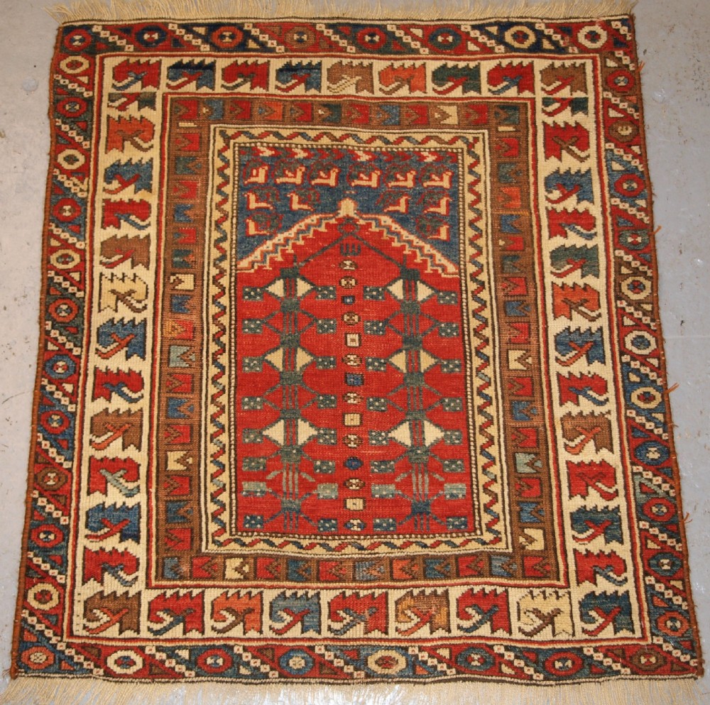 antique turkish bergama region prayer rug of small square size late 19th century