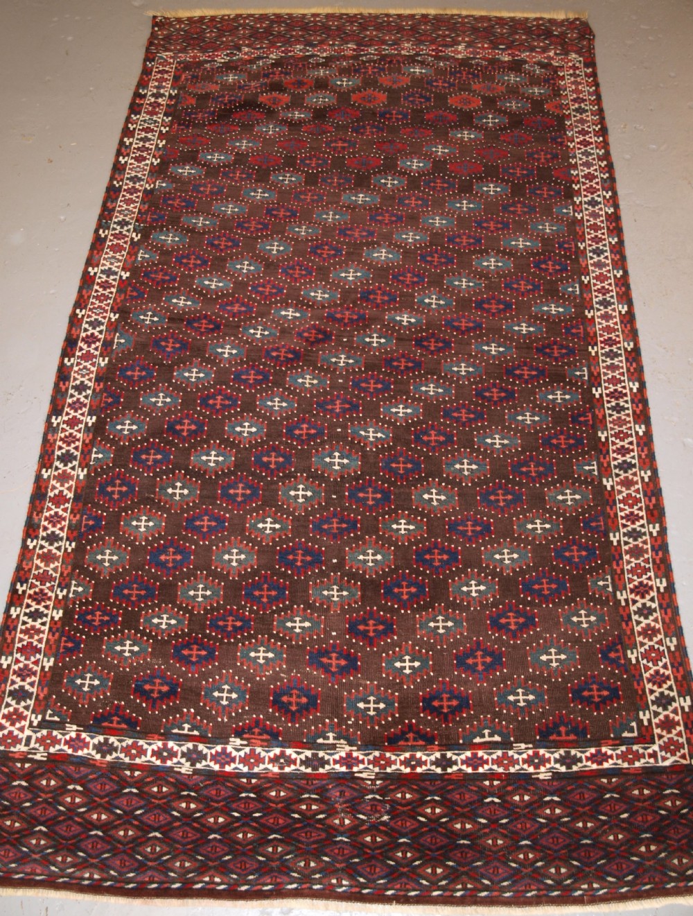 antique yomut turkmen main carpet unusual design small size circa 1880