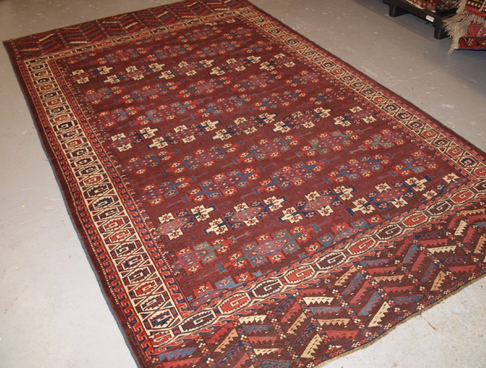 antique yomut turkmen main carpet with kepse guls 2nd half 19th century