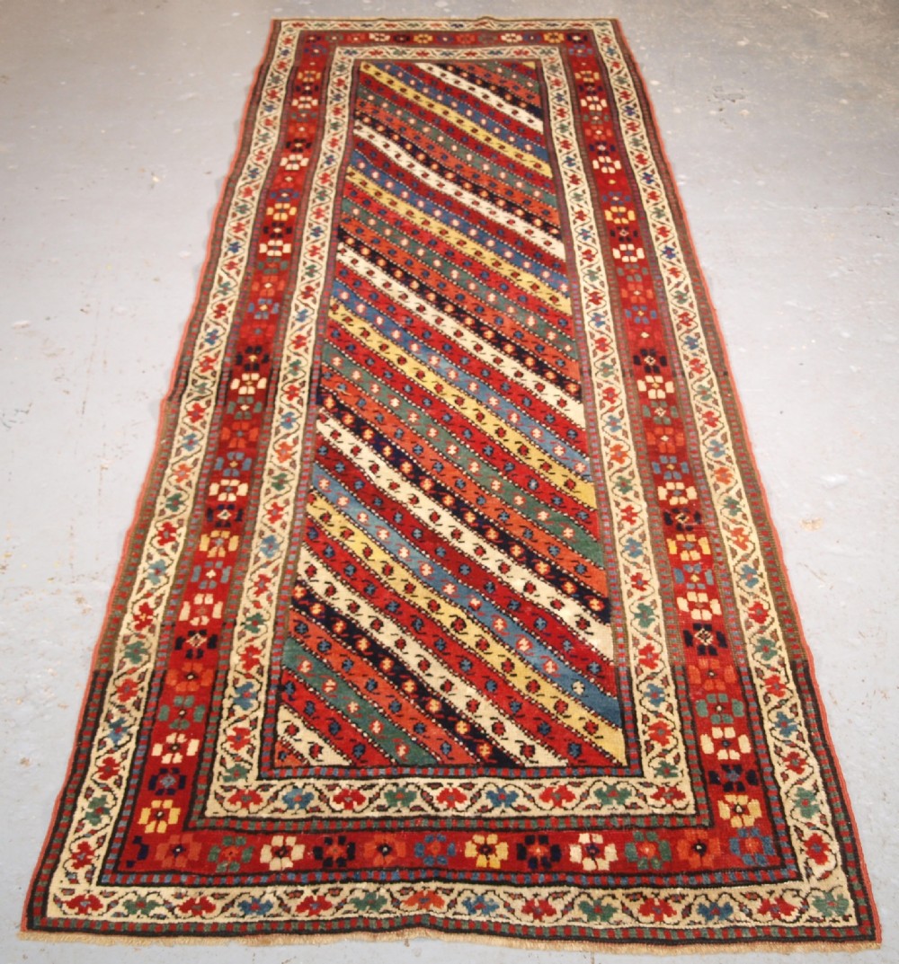 antique caucasian gendje kazak long rug runner with diagonal stripe design circa 1880