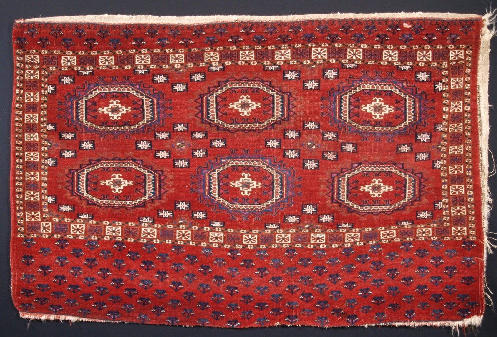 antique tekke turkmen chuval silk and cotton highlights salor guls circa 1825