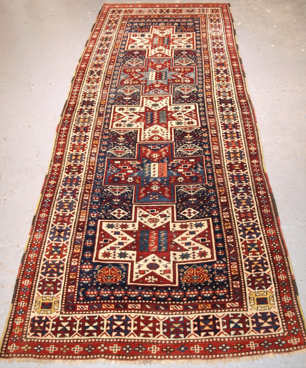 antique caucasian shirvan baku long rug runner star design circa 1880