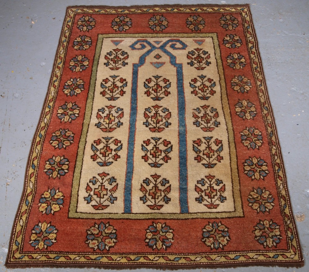 antique turkish manastir prayer rug rams horn mihrab circa 1900